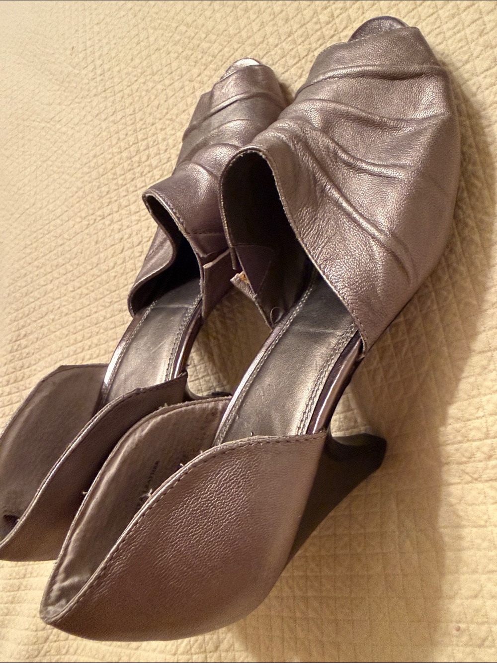 Metallic Pewter Peep-Toe D’Orsay Wedge Heels